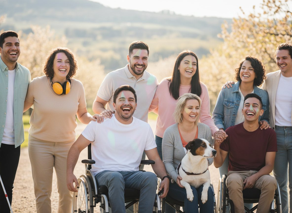 A diverse group of people smiling together outdoors, including wheelchair users and an assistance dog